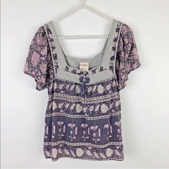 Free People Tops - Free People Lace Up Floral Print Purple Blouse